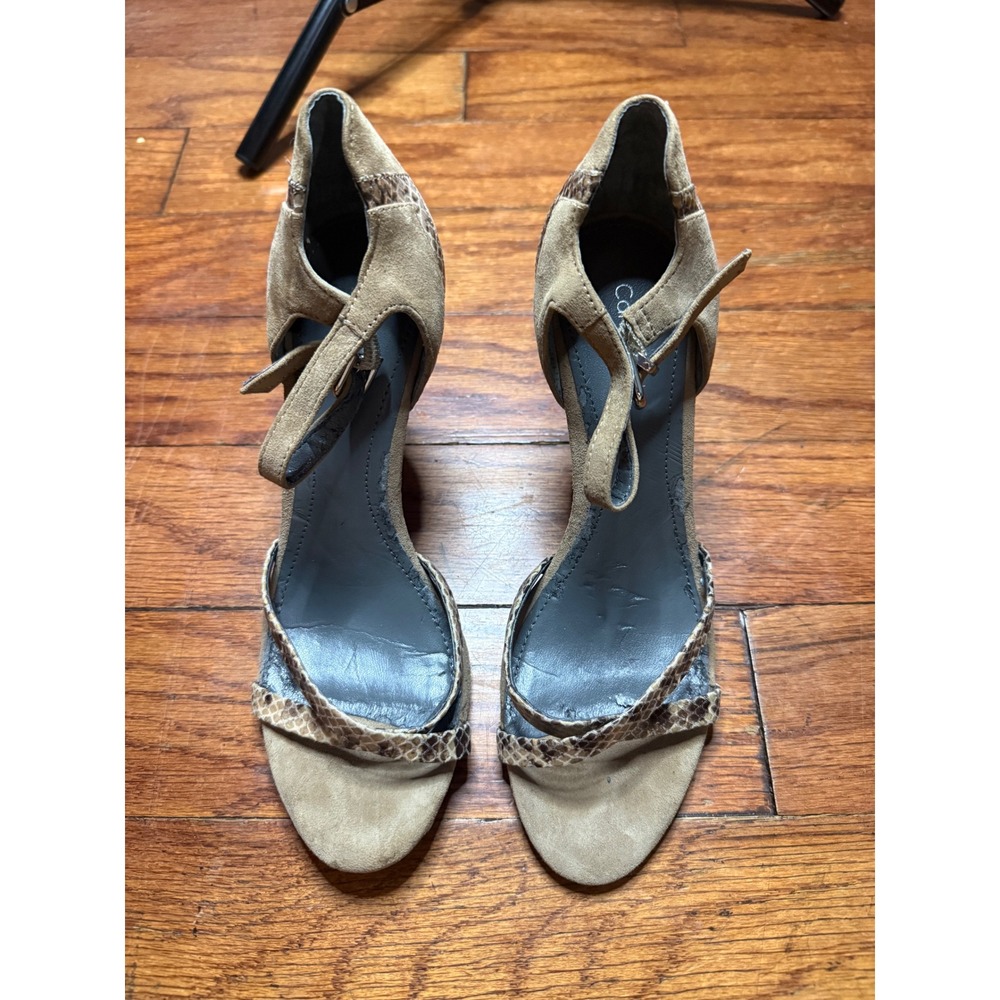 Calvin Klein Womens Suede Snakeskin Wedge Sandals Tan Brown Ankle Strap Size 6.5